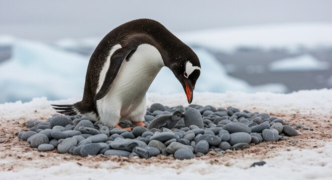 A penguin placing pebbles in a neat pile for its nest