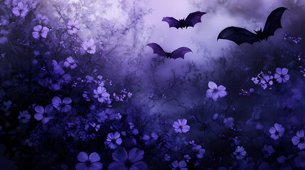 Gothic-inspired purple flowers and bats. [Spectral Bloom] | Bloom Mirage | flicker flower. Illustration