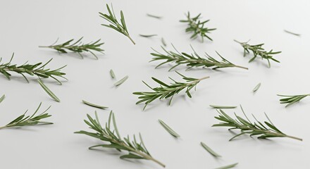 Fototapeta premium Scattered Fresh Rosemary Sprigs on White Surface for Culinary and Wellness in Studio Lighting