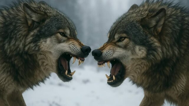 Two Fierce Wolves Growling at Each Other in Snowy Landscape