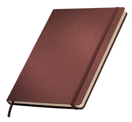 Reddish brown hardcover notebook with elastic band on white background, ideal for stationery, branding, and editorial design.