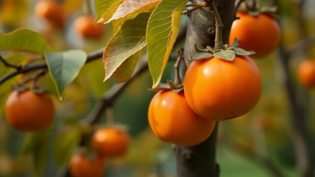 Ripe persimmons adorn tree branches. Persimmons hang from tree branches with vibrant leaves in autumn-kissed garden, showcasing nature seasonal transition. Organic agriculture production. Eco farming