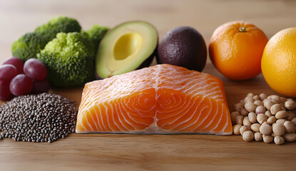 Healthy eating with salmon, avocado, broccoli, chia seeds, and more!