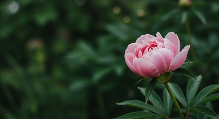 Obraz premium Close-Up of a Pink Peony Bloom with Unfurled Petals Displayed on Soft Blurred Green Background
