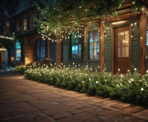 Vibrant Christmas lights create a glowing green holiday scene ,  lights,  winter