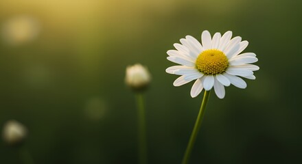 Single Daisy in Bloom with Blurred Green Background in Soft Golden Light