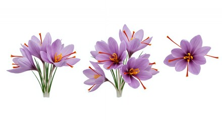 Obraz premium Blooming Saffron Flowers Swaying Petals Against White Backdrop for Beauty and Aromatherapy