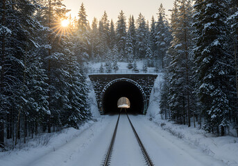 Snowy train tunnel through winter forest