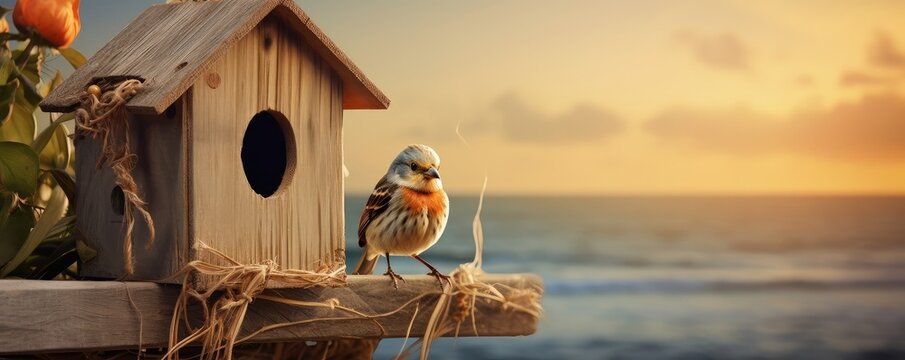 Small bird perched on wooden birdhouse at sunset by the sea. Nature conservation, wildlife protection concept. World Migratory Bird Day greeting card.