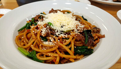 Delicious Beef & Spinach Spaghetti - Asian fusion cuisine