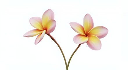 Naklejka premium Two Plumeria Flowers Pink and Yellow Petals Isolated on White Background Beauty Spa Freshness Natural Elegance Decoration Tropical Design Element