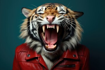 Obraz premium Fierce tiger in red leather jacket roaring against dark background. Anthropomorphic animal portrait. Creative concept for wildlife conservation, animal rights awareness