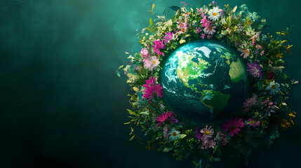 Green globe encircled by a ring of blooming flowers, portraying an eco-conscious world on earth day. [Subterranean Echo] | Earth Resonance | grounded chord. Illustration