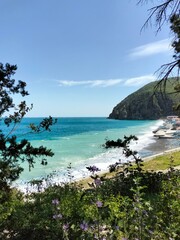 The seaside. The Black Sea. View of the Bear Mountain. Landscape without filters.  Sunny weather.