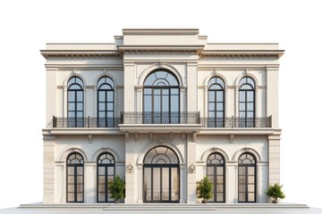 Obraz premium Elegant two-story mansion with classic architecture. Features arched windows, a grand entrance, and a balcony