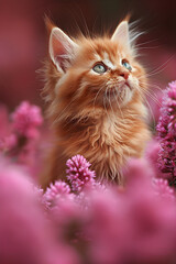 Adorable ginger kitten in blooming pink flowers. Cute cat portrait for greeting card. Pet photography concept. World Animal Day, International Cat Day image
