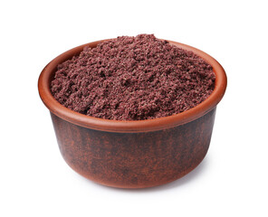Superfood. Black currant powder in bowl isolated on white