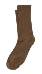 Pair of brown socks isolated on white, top view