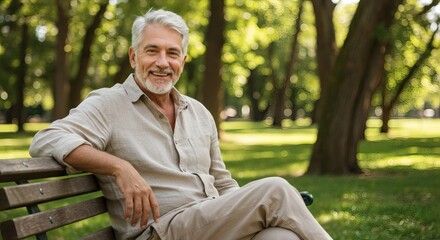 Portrait of happy senior man relaxing on park bench enjoying retirement life