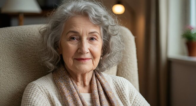 Portrait of elegant senior woman with gray hair sitting in armchair indoors
