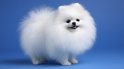 Fototapeta premium Fluffy White Pomeranian Dog Playful Studio Photography Happy Cute Companion Pet Animal Small Domestic Cuddly Furball Adorable Purebred Canine Sitting Family Friendship Loveable Companion