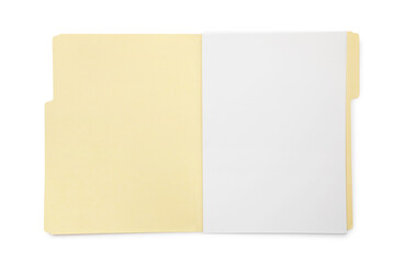 Open paper file folder with blank sheet isolated on white, top view