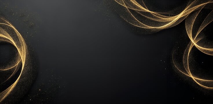 Abstract gold glitter swirls on black background elegant design