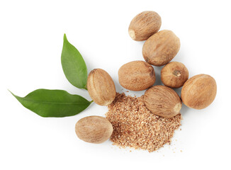 Whole nutmegs, powder and leaves isolated on white, top view