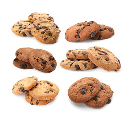 Yummy chocolate chip cookies isolated on white, collage