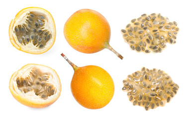 Ripe passion fruits on white background, collage