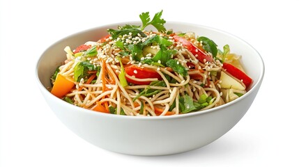 Bowl of noodles with carrots, peppers, and sesame seeds