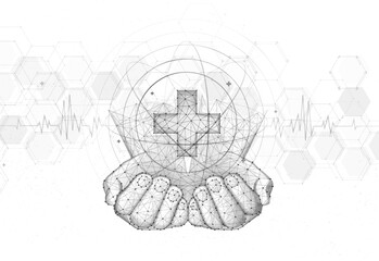 Hand holding a medical cross icon. Abstract background, hospital treatment, digital doctor.