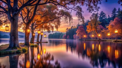 Serene autumn evening landscape with glowing lanterns hanging from trees beside a tranquil lake reflecting the sunset's vibrant colors