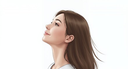 Fototapeta premium Animated Portrait of a Young Woman with Brown Hair Smiling and Looking Upwards in Illustrative Style Against White Background