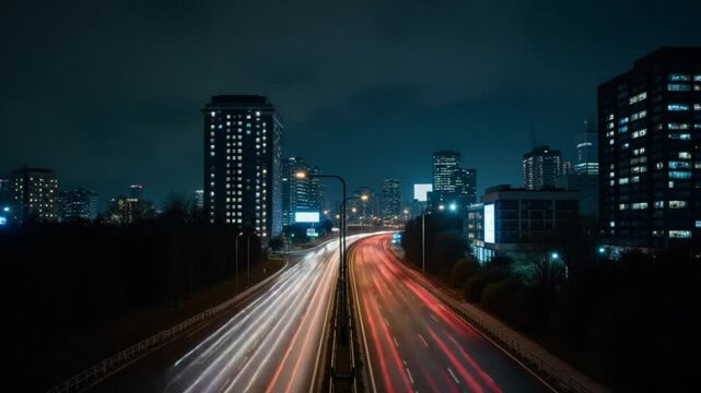 A night timelapse of highway at the urban city in Tokyo long shot zoom
