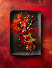 Gourmet food styled on dark rectangular plate.  Dish includes red berries, herbs and spices.  Sophisticated food photography for restaurant menu or cookbook.
