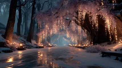 Christmas moonlit snowy forest path sparkling garlands draped in trees