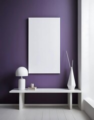 Contemporary interior with clean lines in white, purple and minimalist style