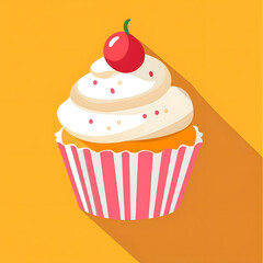 Delicious Cupcake Flat Style with Long Shadow Isolated on Orange Background