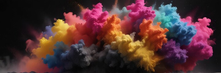 Swirling cloud of multicolored powder; black canvas  High energy, celebratory ,  dramatic,  fun