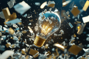 Spark of Innovation: Electric Bulb Surrounded by Shattering Pieces of Tradition in a Dynamic Scene