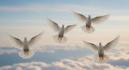 Obraz premium Three White Doves in Flight Synchronized Wing Beats Against Bright Sky Symbolizing Peace and Freedom