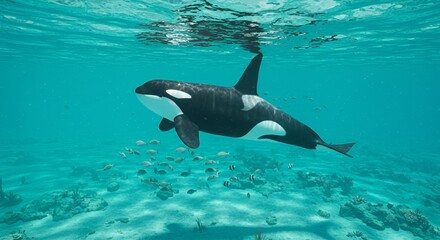 Obraz premium Orca Swimming Gracefully Underwater with Fish and Coral Reefs in Ocean