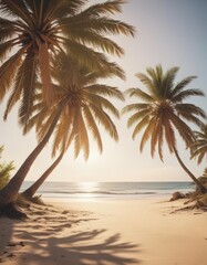 Obraz premium Sun-drenched palm trees lean over a vintage-toned sandy beach, film grain visible , sunlight, serene, landscape