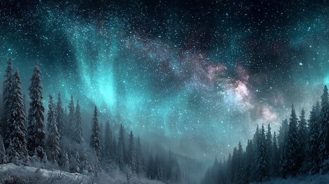Christmas night sky Northern lights over snowy forest fantasy style winter scene no humans or text