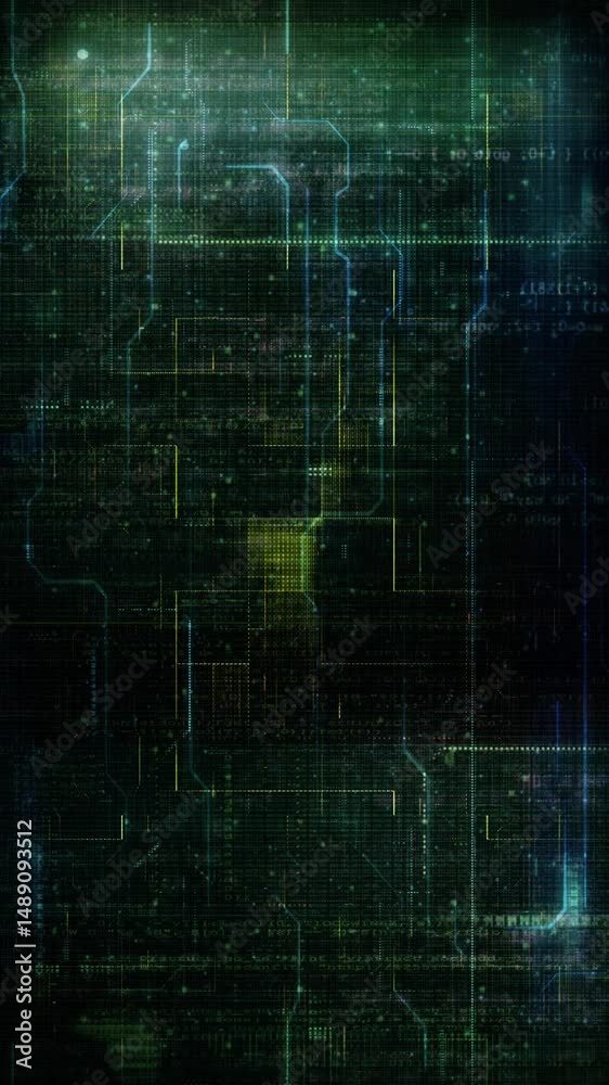 Wall mural vertical circuit board ai thought process 4k loop features animated scrolling text on a dark backgro