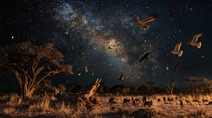  A night view under clear sky of Kalahari desert exposing various nocturnal animals 