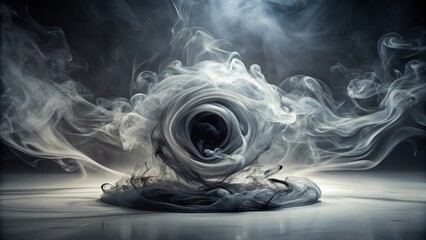 Abstract swirling smoke vortex in dark studio setting, a mesmerizing display of ethereal forms and textures