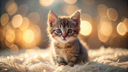 Obraz premium Adorable Kitten Posing Amidst Warm Golden Lights on a Soft Fluffy Surface