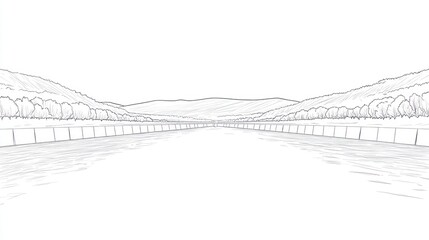 Straight road, mountain landscape, rural setting, sketch